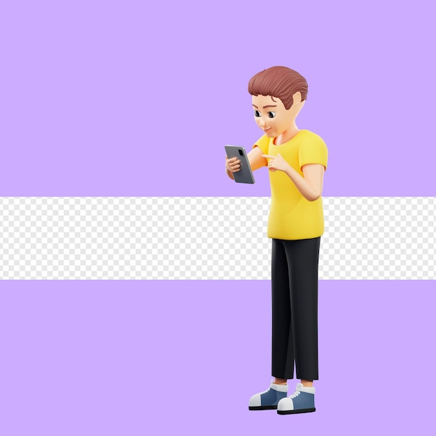 Illustration raster de l'homme regarde le téléphone et sourit Un jeune homme en t-shirt jaune clique sur le téléphone s'assoit avec les réseaux sociaux regarde les mèmes Illustration de rendu 3D pour les entreprises et la publicité