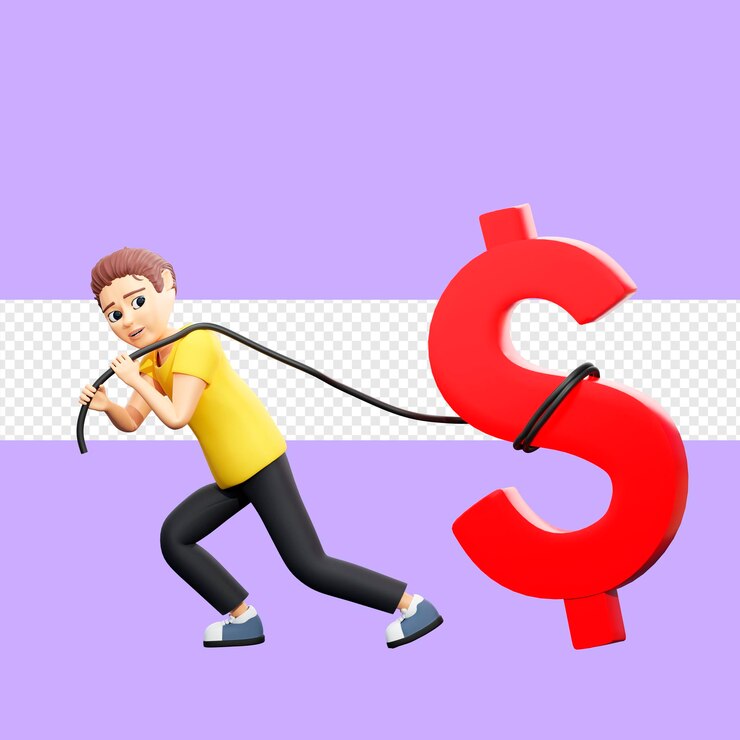 PSD illustration raster d'un homme tirant un dollar sur une corde un jeune homme dans un t-shirt jaune gagne de l'argent plan d'affaires marketing homme d'affaires revenu de profit illustration de rendu 3d pour les entreprises et la publicité