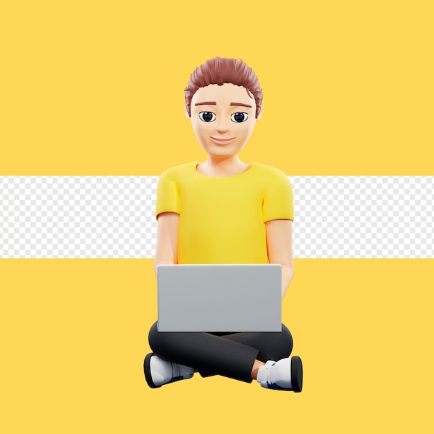 Illustration raster d'un homme travaillant sur un ordinateur portable Un jeune homme en t-shirt jaune est assis en position du lotus et clique sur l'ordinateur surfe sur Internet Illustration de rendu 3D pour les entreprises et la publicité