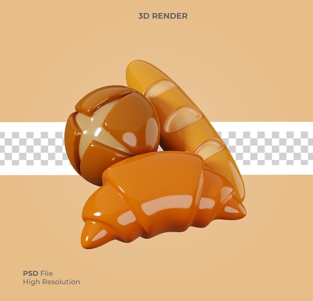 PSD illustration de rendu 3d d'un assortiment de pains et pâtisseries isolés