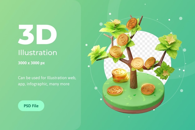 Illustration de rendu 3D d'une entreprise en croissance, avec arbre et pièce de monnaie, utilisée pour le Web, l'application, etc.