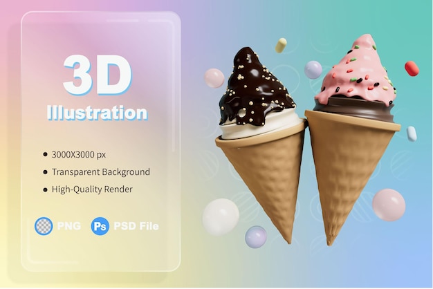 PSD illustration de rendu 3d glace au chocolat et glace à la fraise