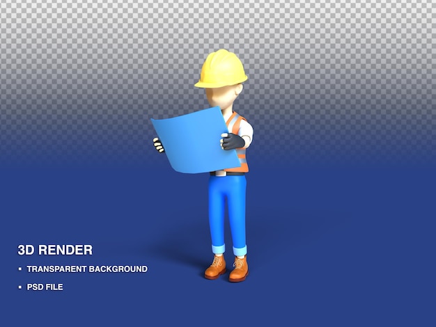 Illustration de rendu 3D Ouvrier de personnage mignon et concept de plan de construction de lecture Fichier PSD