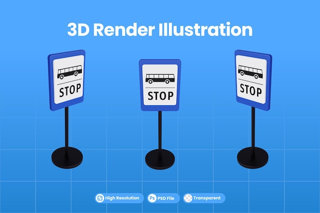 PSD illustration de rendu 3d des panneaux de signalisation de l'arrêt de bus