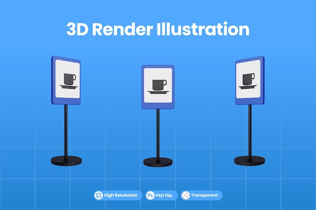 PSD illustration de rendu 3d des panneaux de signalisation du magasin de café