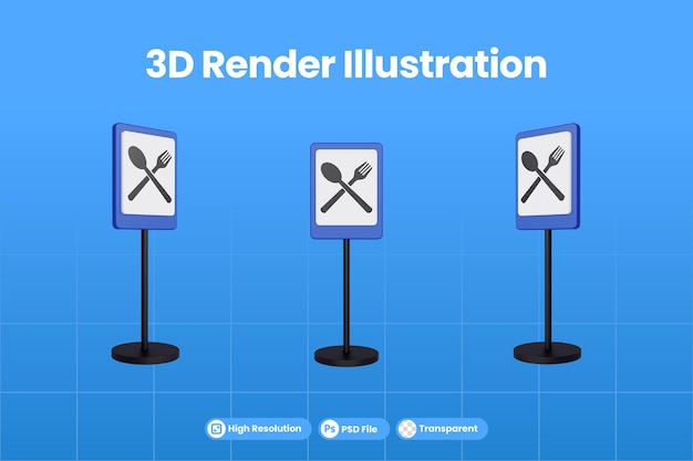 PSD illustration de rendu 3d des panneaux de signalisation du magasin de restaurant