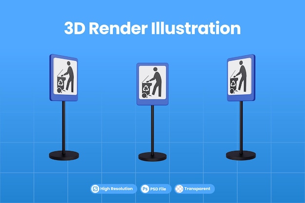 PSD illustration de rendu 3d des panneaux de signalisation de l'élimination des déchets