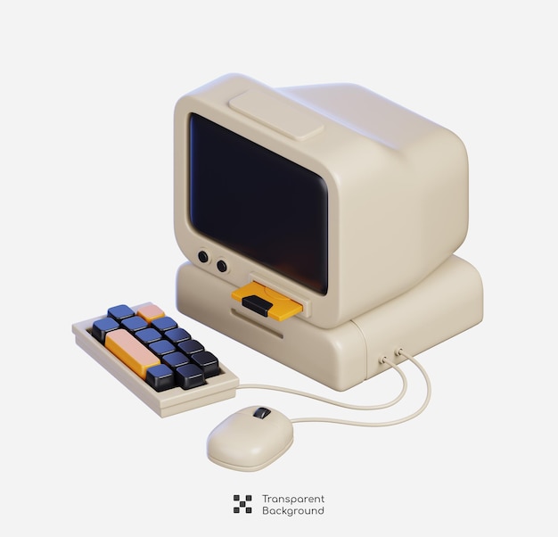 Illustration de rendu 3D d'un périphérique rétro isolé sur un PC de bureau vintage