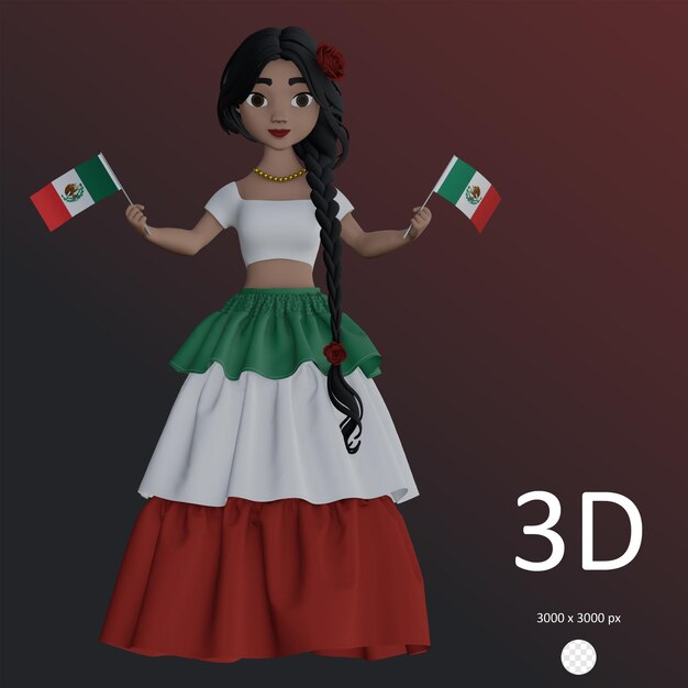 Illustration De Rendu 3d Psd D'une Fille Mexicaine En Costume Traditionnel Concept De Fête De L'indépendance Mexicaine
