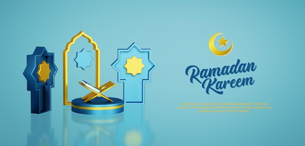 Illustration De Rendu 3d Salutations Islamiques Du Ramadan Avec Coran D'ornement Arabe Et Podium Rond Psd Premium