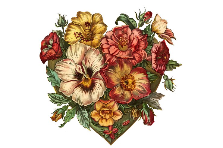 PSD illustration rétro vintage du cœur avec des roses et des fleurs
