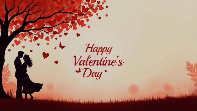 Illustration romantique de la Saint-Valentin avec un couple sous un arbre à cœur