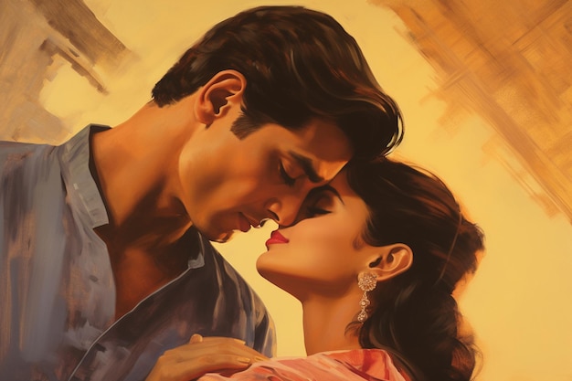 PSD illustration de style affiche de film d'un couple dans une étreinte amoureuse affiche romantique de film de bollywood