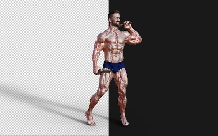 PSD illustration d'un type sans chemise en culotte bleue montrant son corps musclé et tenant une dague jumelle