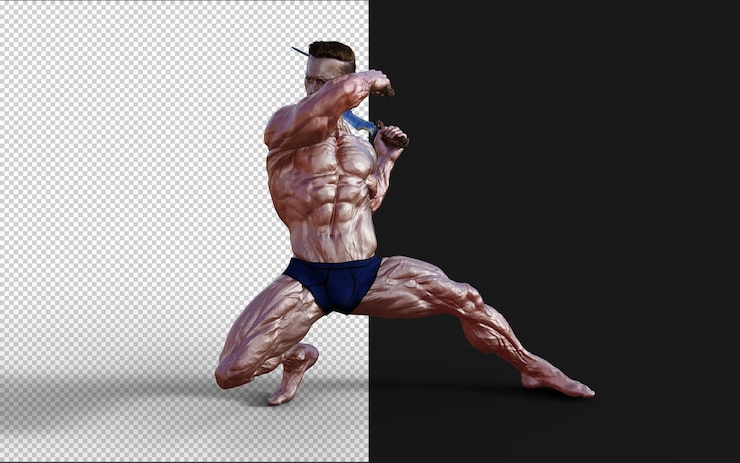 PSD illustration d'un type sans chemise en culotte bleue montrant son corps musclé et tenant une dague jumelle