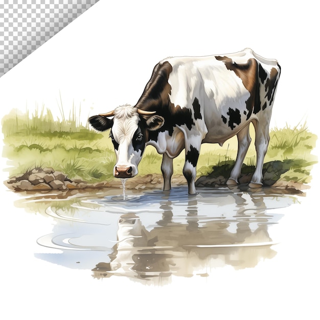 PSD une illustration de vache laitière buvant de l'eau dans un étang