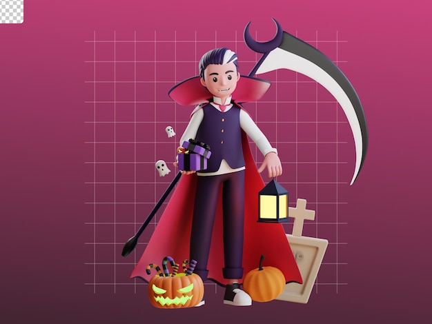 Illustration De Vampire Halloween De Personnage 3d Apporter Une Boîte-cadeau Et Une Lanterne