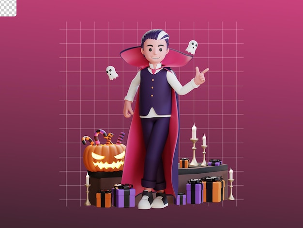 Illustration De Vampire Halloween Personnage 3d Avec Citrouille Cercueil Et Boîte-cadeau