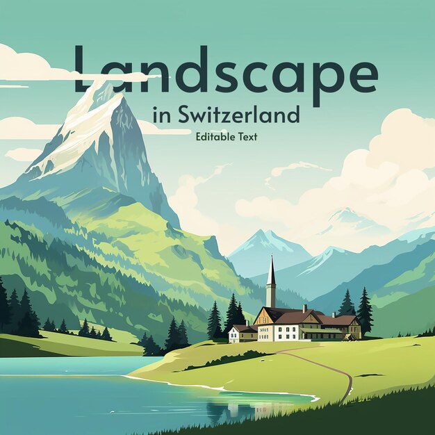 PSD illustration vectorielle de fond du paysage en suisse avec du texte modifiable