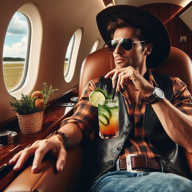 PSD illustration vectorielle hyperréaliste de mafiosi assis dans un jet privé dans un costume d'affaires cocktail