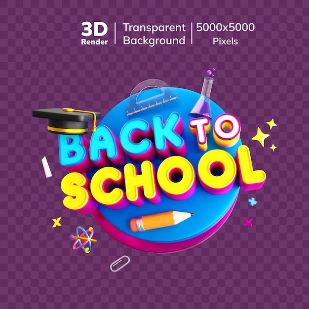 Illustration vibrante en 3D de retour à l'école avec un fond transparent