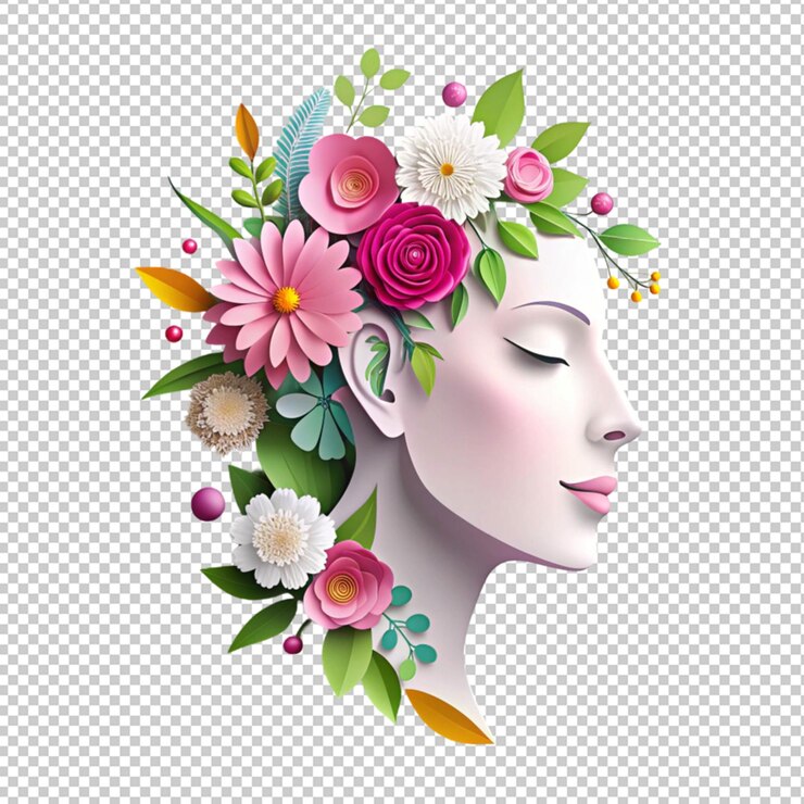 PSD illustration d'un visage et de fleurs coupés sur du papier isolé sur un fond transparent