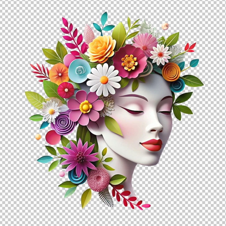 PSD illustration d'un visage et de fleurs coupés sur du papier isolé sur un fond transparent