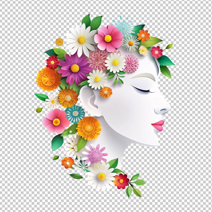 PSD illustration d'un visage et de fleurs coupés sur du papier isolé sur un fond transparent
