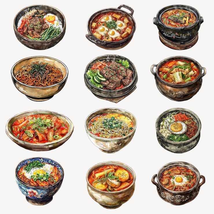 PSD illustration von köstlichen gerichten der koreanischen küche