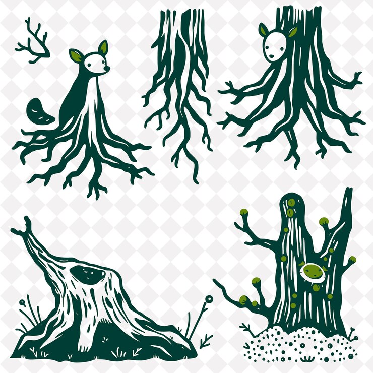 PSD illustrationanimales sauvages racines écorce mousse douce animaux cachés dans la forêt racines tordues thr
