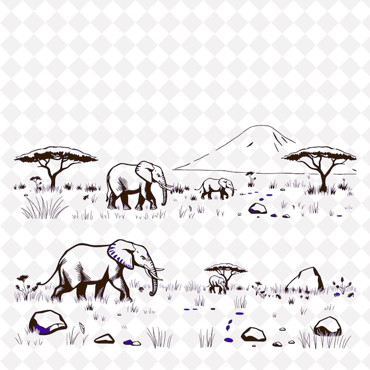 PSD illustrationelephants savanna grass trees rocks majestic elephants walking through tall savanna g