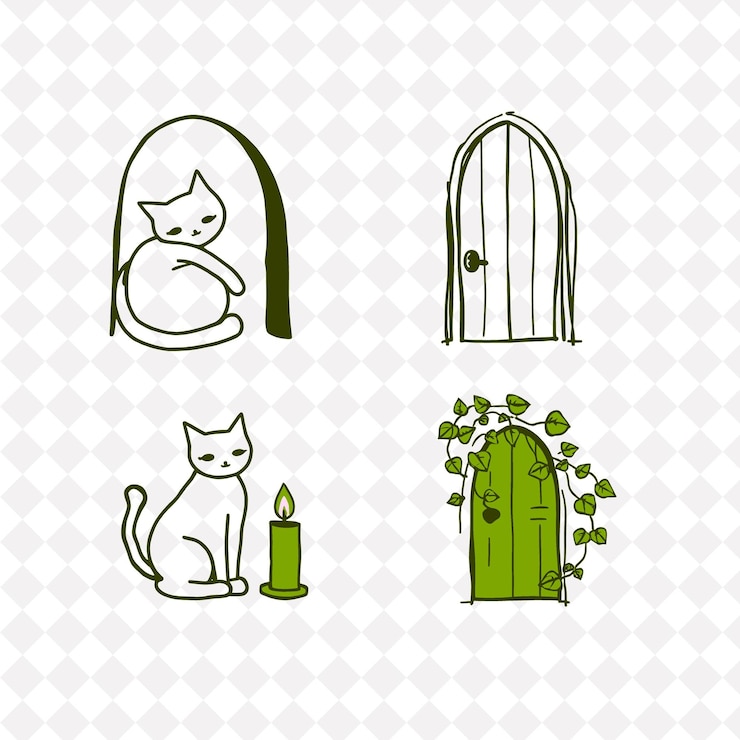 PSD illustrationkatzen versteckte türen kerzen efeublätter katzen, die sich neben versteckten türen hüllen