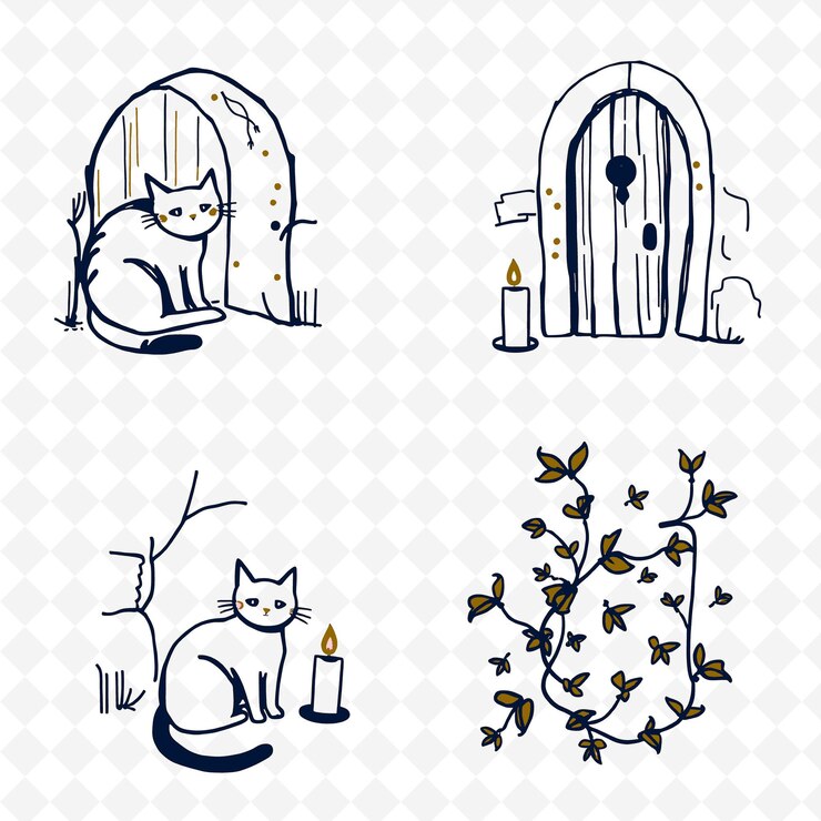 PSD illustrationkatzen versteckte türen kerzen efeublätter katzen, die sich zusammenrücken kreative farbgebung natur seti