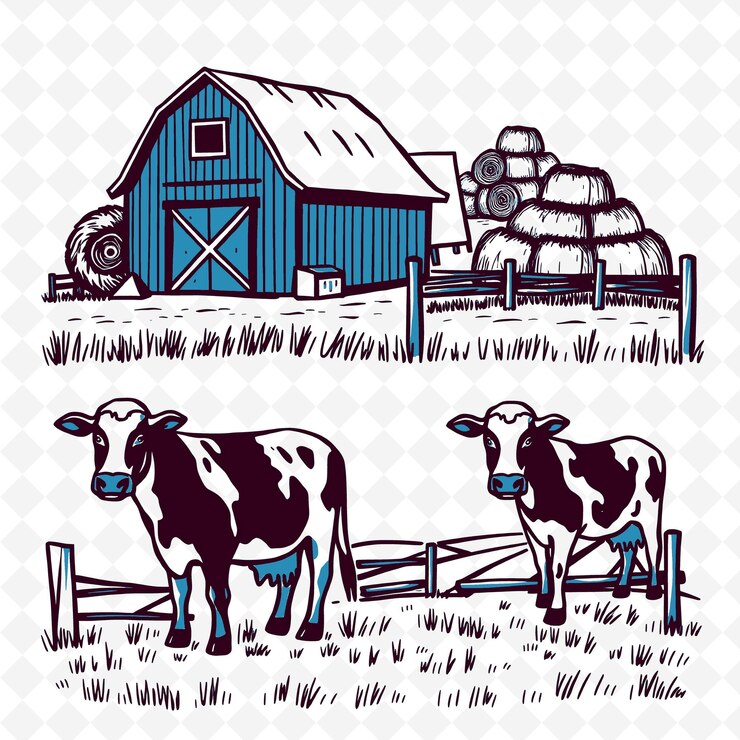 PSD illustrationkühe ställe heuhaufen zäune kühe stehen in der nähe einer roten stange kreative farbgebung natur setn