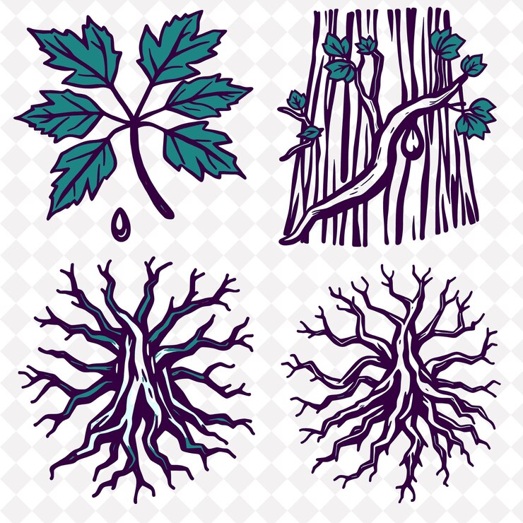 PSD illustrationles feuilles de l'érable, les brindilles, les racines des arbres, les feuilles d'érable aux bords déchiquetés, la sève épaisse, le goutte-à-goutte f