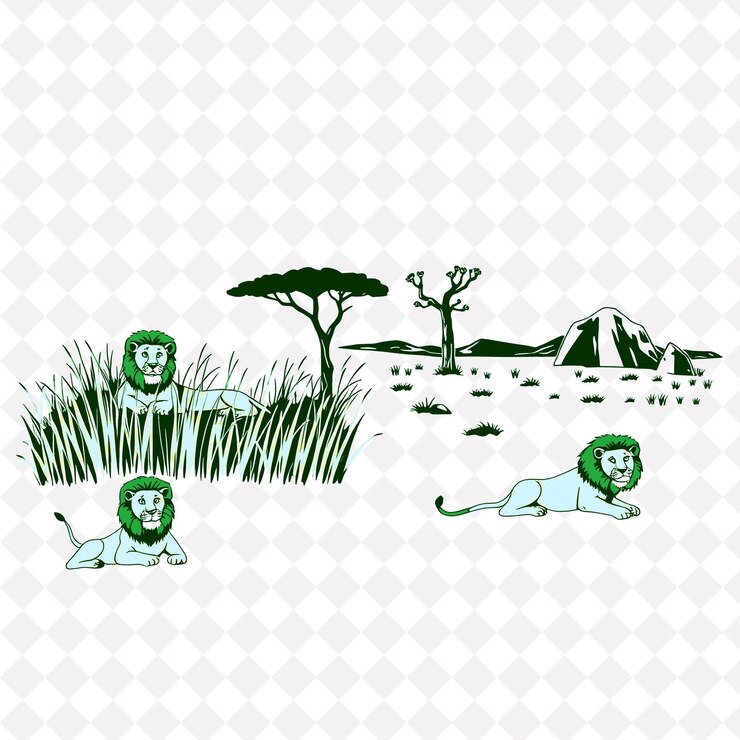 PSD illustrationlions savanna grass acacia trees rocks lions resting in the tall savanna grass acacia