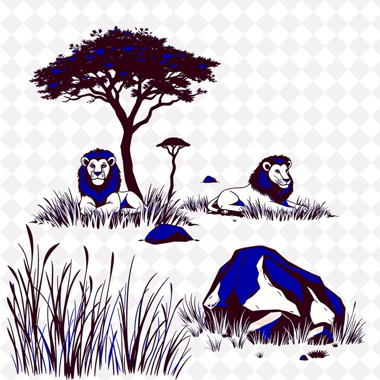 PSD illustrationlions savanna grass acacia trees rocks lions resting in the tall savanna grass acacia