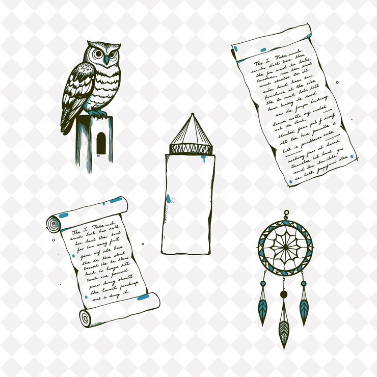 PSD illustrationowls towers parchment dreamcatchers owls perched high in towers towers touching the s