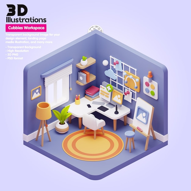 PSD les illustrations 3d de l'espace de travail étendent la chaise et le bureau de composition 3d