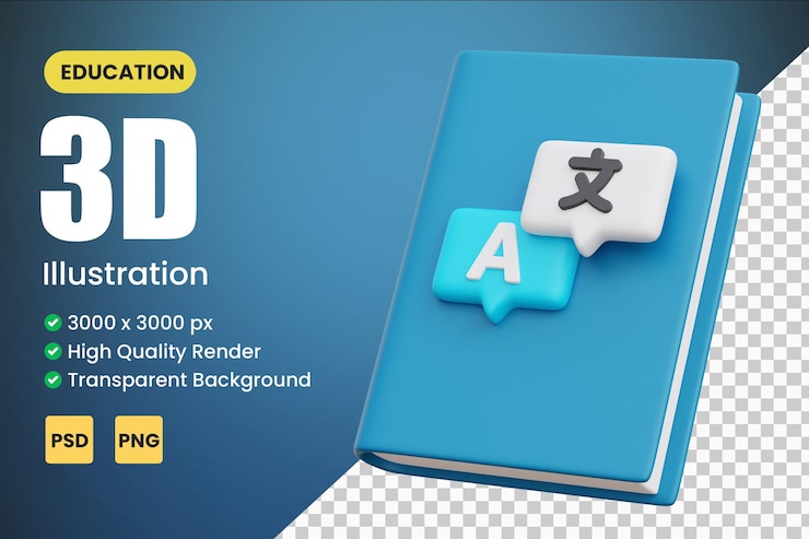 PSD illustrations d'icônes 3d de dictionnaire