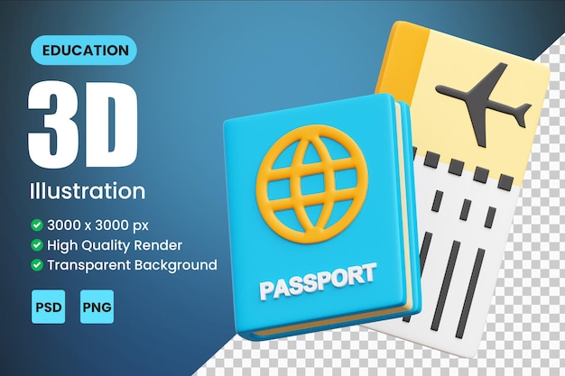 PSD illustrations d'icônes 3d de passeport