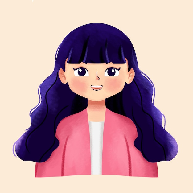 illustrations d'un personnage féminin aux longs cheveux ondulés portant un costume rose et un t-shirt blanc