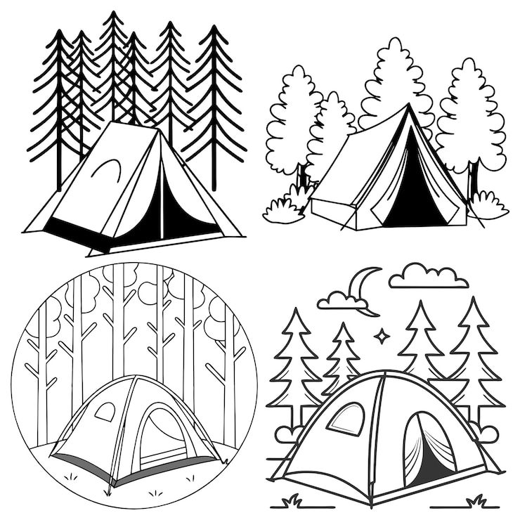 PSD illustrations de tentes de camping dessinées à la main dans la forêt en noir et blanc