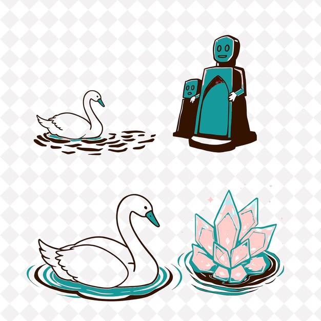 IllustrationSwans Rippling Water Stone Statues Glowing Crystals Swans Gliding Across Rippling Wat