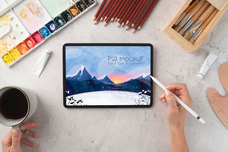 PSD illustrator with beautiful drawing on mock-up tablet
