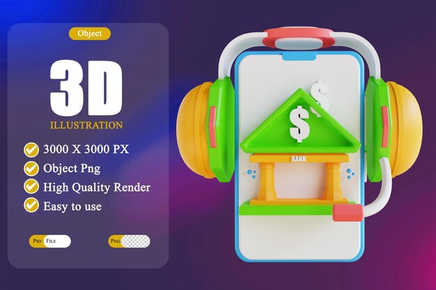 Illustrazione 3D Assistenza clienti mobile banking low poly