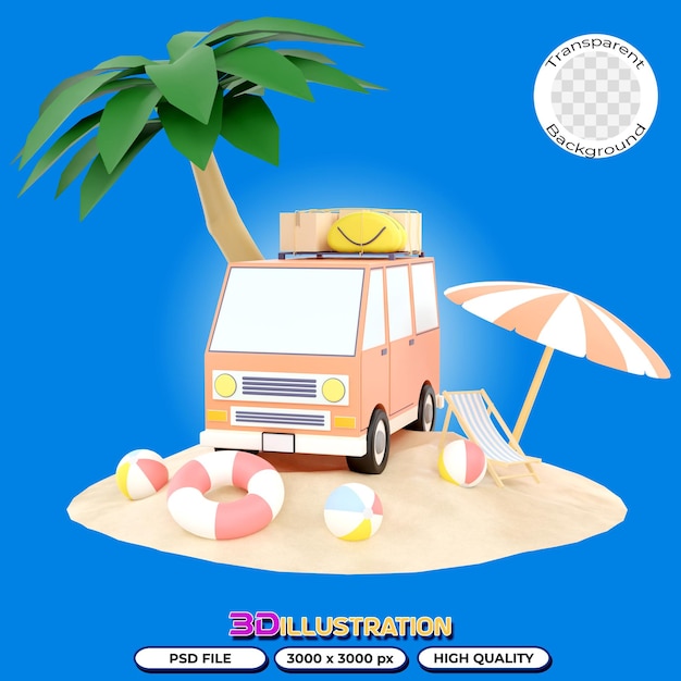 Illustrazione 3D auto minivan e elemento spiaggia sulla sabbia