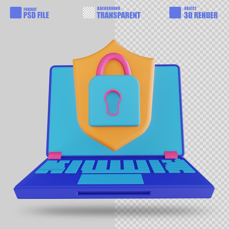 PSD illustrazione 3d blocco di sicurezza per laptop 2