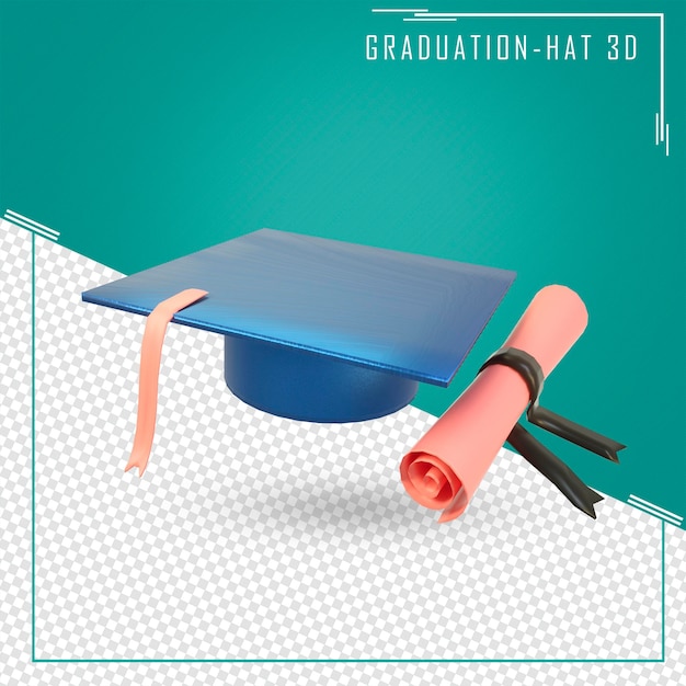 Illustrazione 3D cappello di laurea e diploma in stile cartone animato