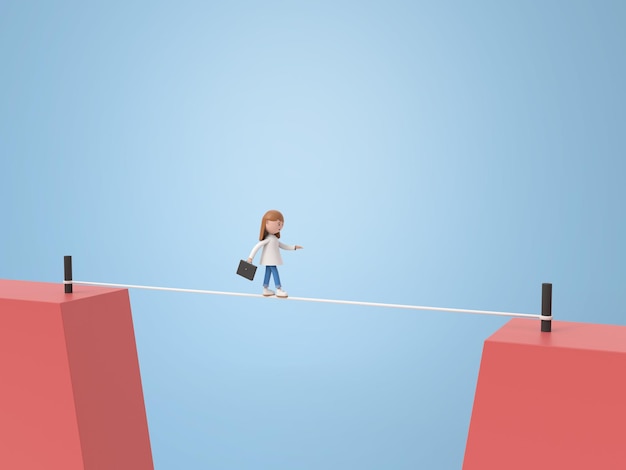 Illustrazione 3D carattere giovane donna tenere valigetta camminando sul filo del rasoio lei cammina fare attenzione ad alto rischio tra due scogliere concetto di business rendering